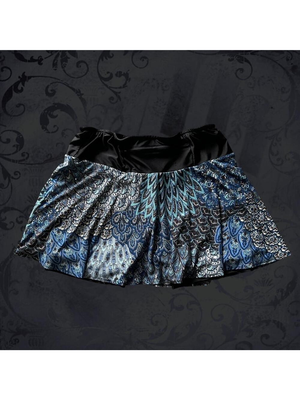 foldover look blue and white baroque paisley patchwork skort